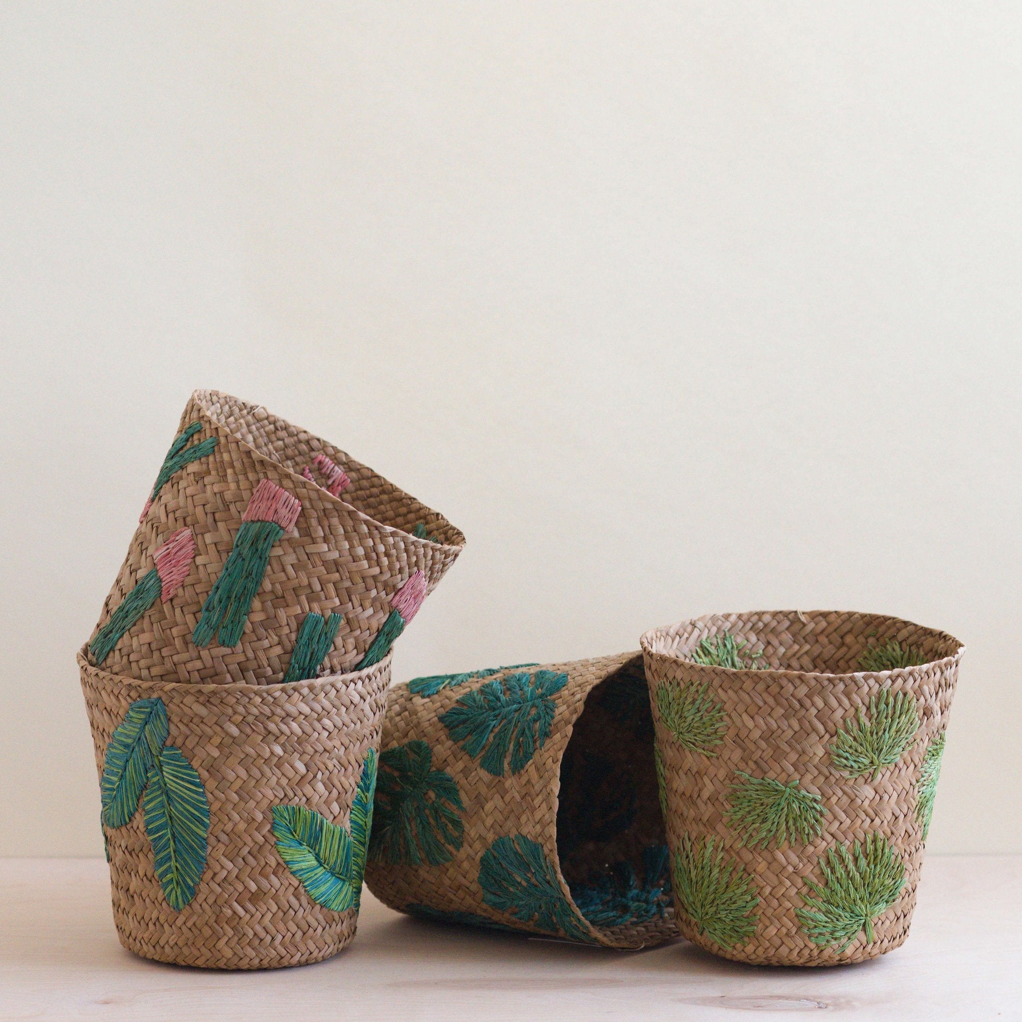 LIKHÂ Banana Leaf Embroidery Soft Woven Basket - Plant Baskets | LIKHÂ