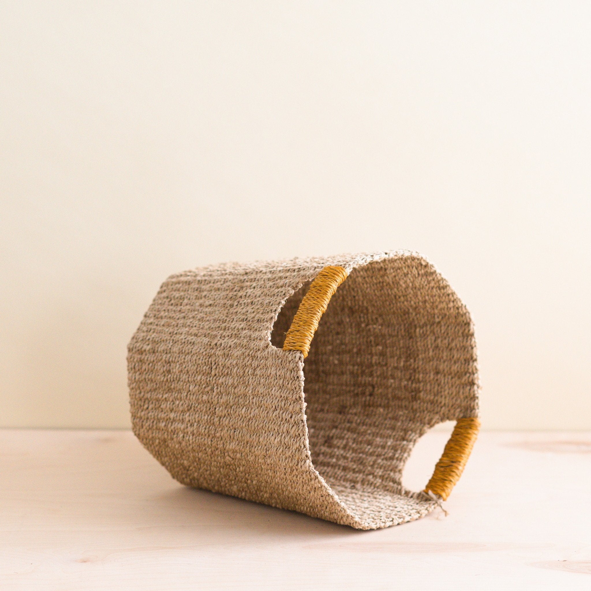 LIKHÂ Natural Octagon Basket with Mustard Handle - Handwoven Bin | LIKHÂ