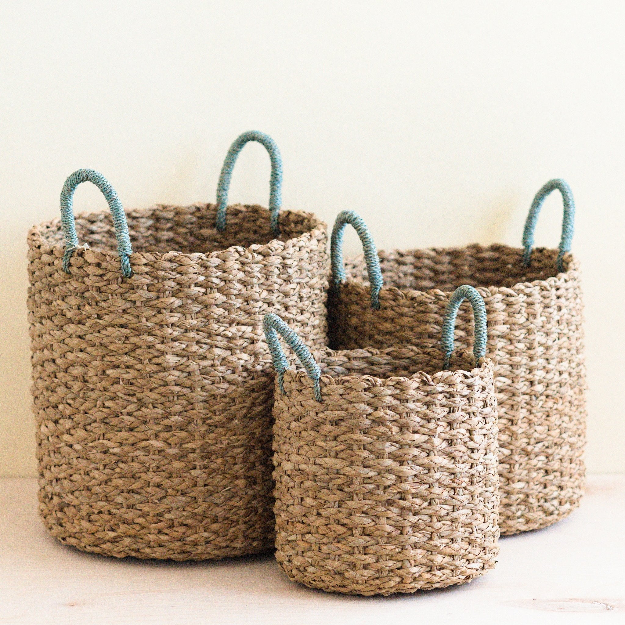 LIKHÂ Seagrass Woven Baskets with Sky Blue Handle Set of 3 - Straw Baskets | LIKHÂ