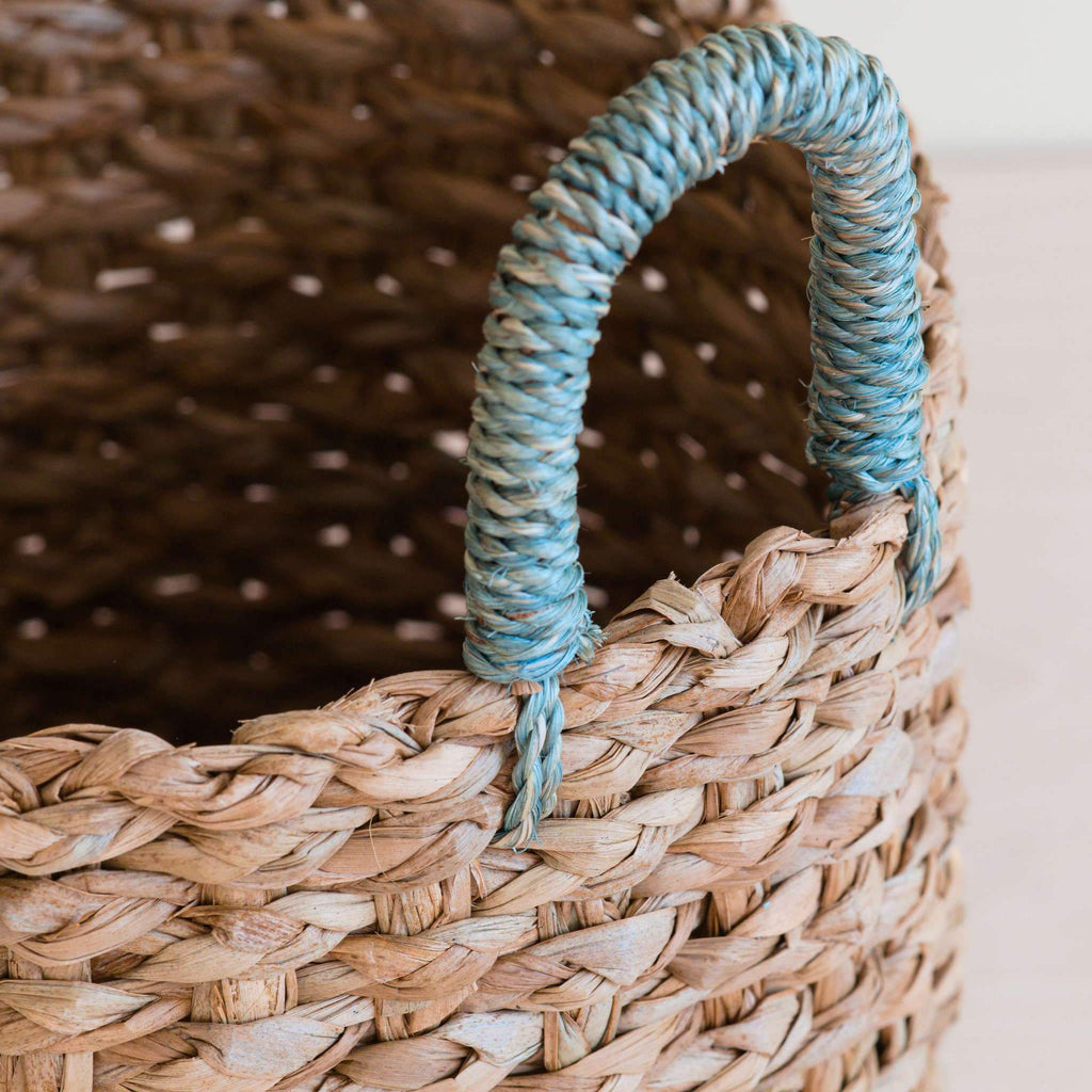 LIKHÂ Seagrass Woven Baskets with Sky Blue Handle Set of 3 - Straw Baskets | LIKHÂ