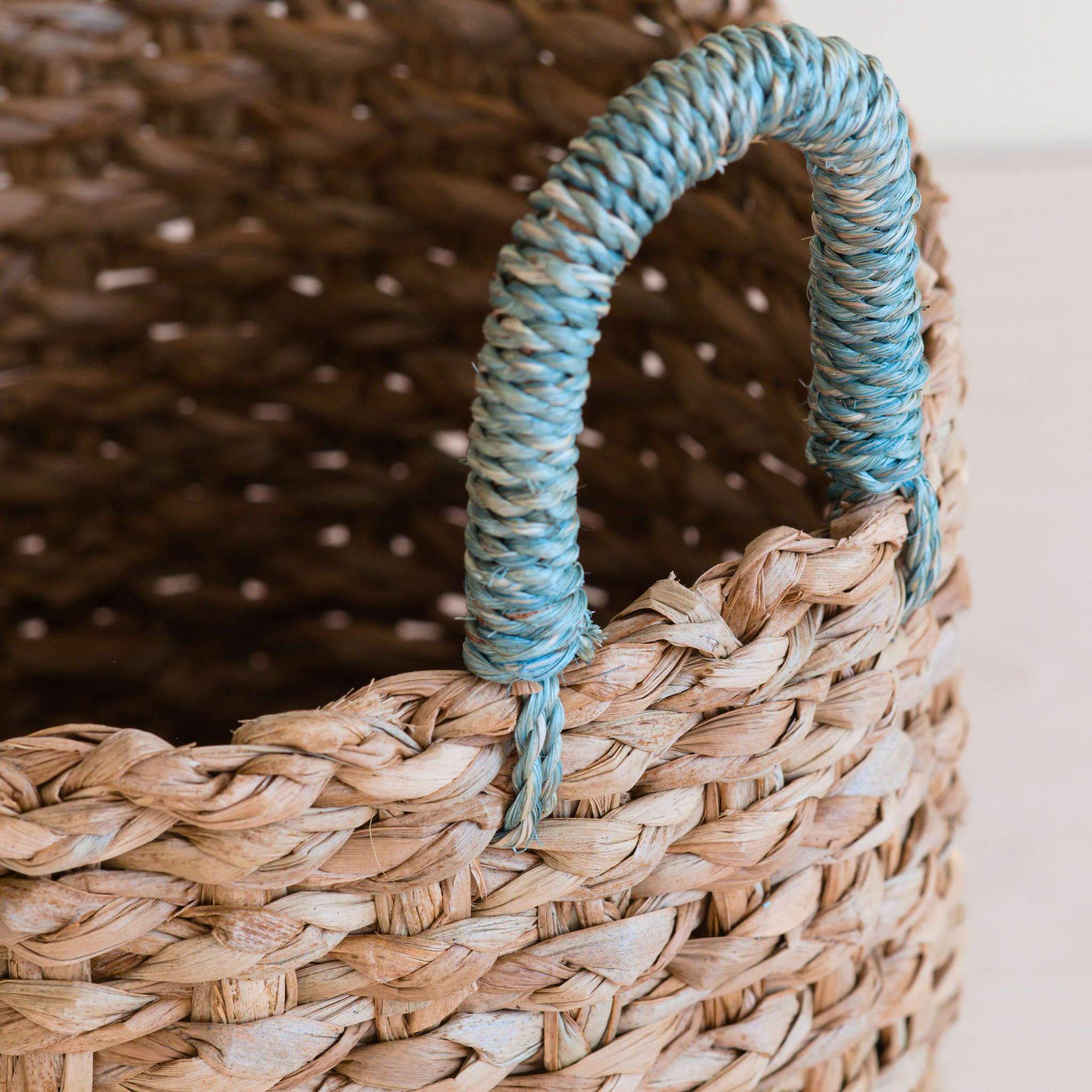 LIKHÂ Seagrass Woven Baskets with Sky Blue Handle Set of 3 - Straw Baskets | LIKHÂ