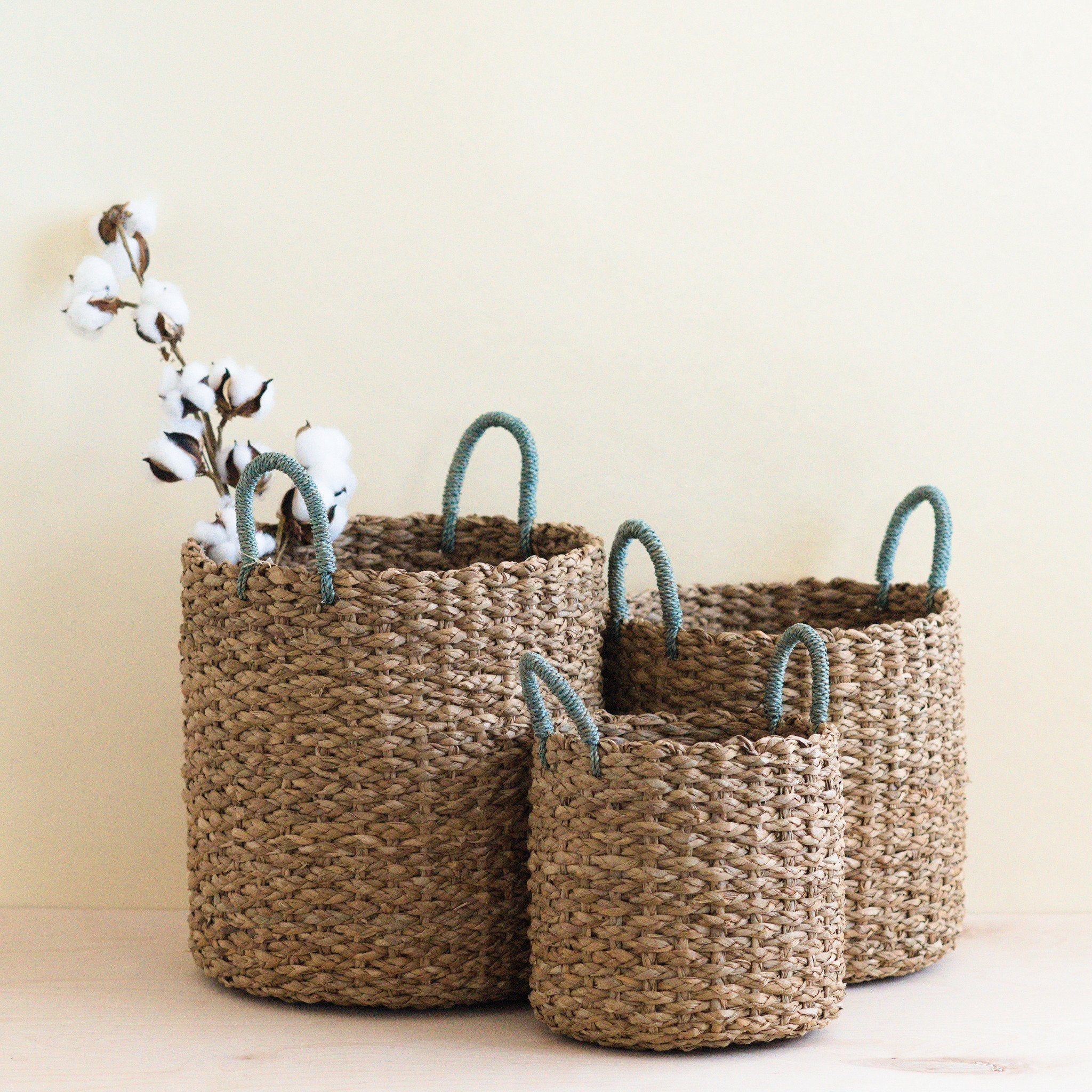 LIKHÂ Seagrass Woven Baskets with Sky Blue Handle Set of 3 - Straw Baskets | LIKHÂ
