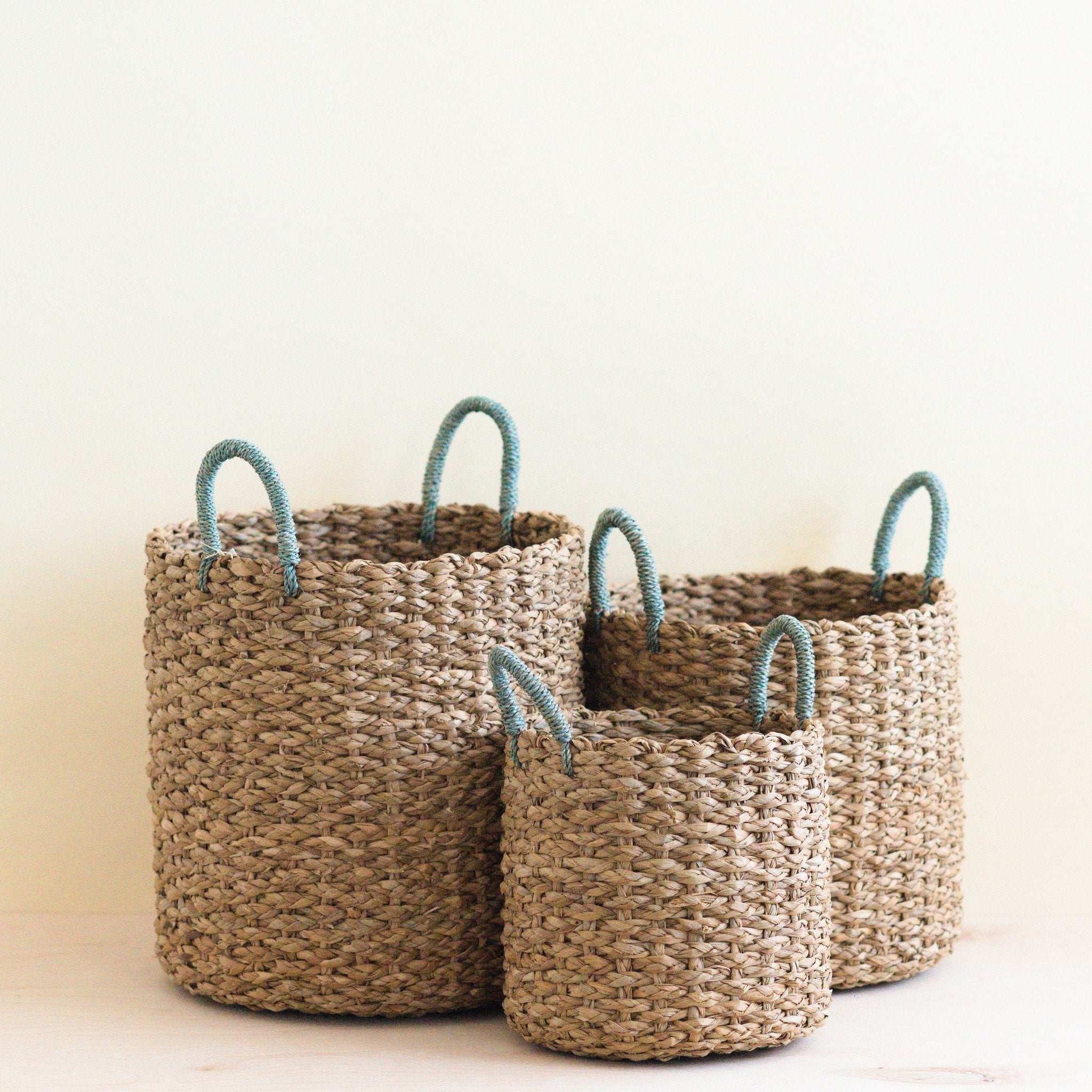 LIKHÂ Seagrass Woven Baskets with Sky Blue Handle Set of 3 - Straw Baskets | LIKHÂ