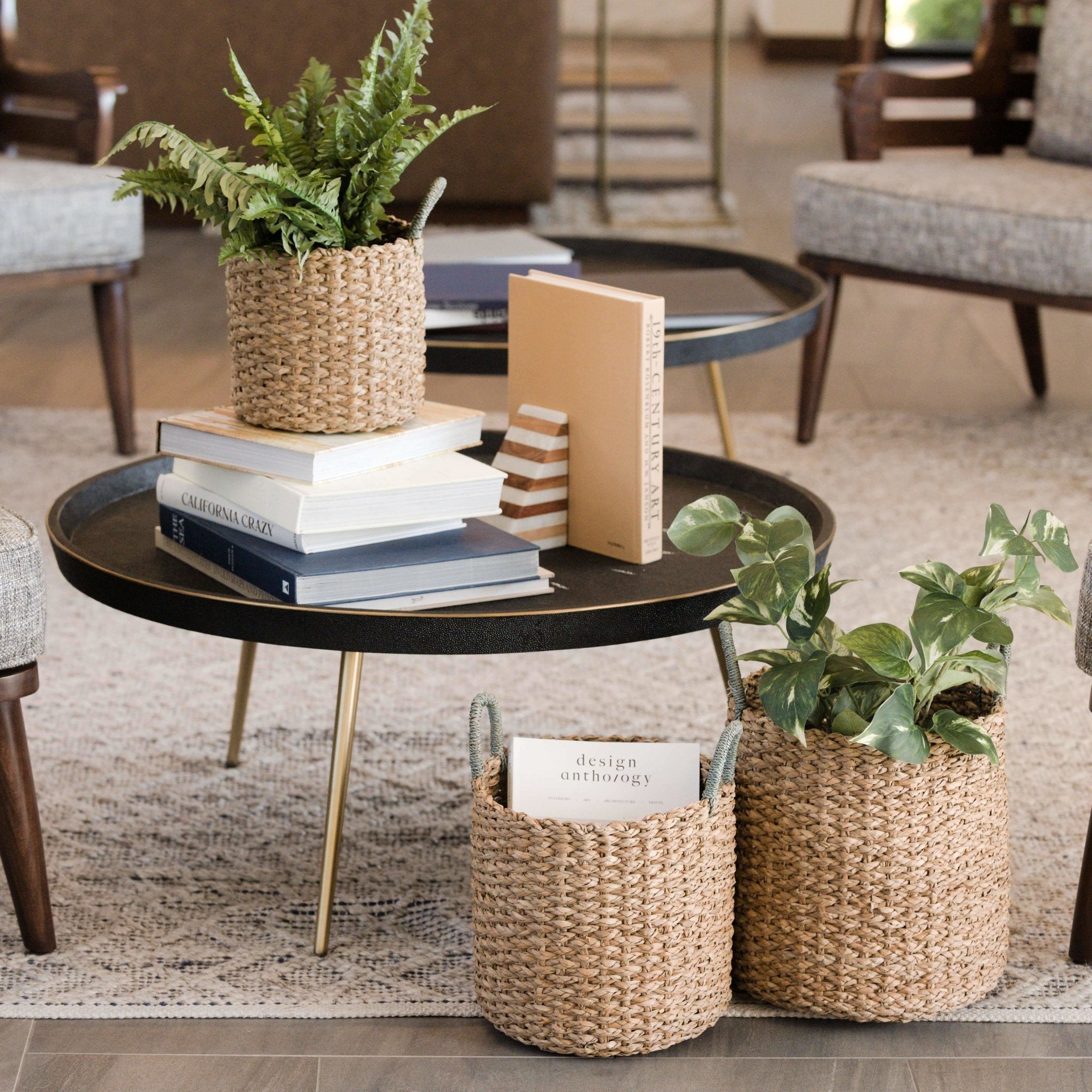 LIKHÂ Seagrass Woven Baskets with Sky Blue Handle Set of 3 - Straw Baskets | LIKHÂ