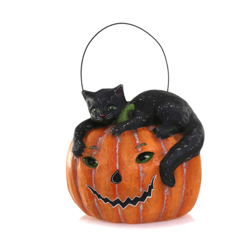 Cat With Pumpkin Paper Mache Candy Bucket