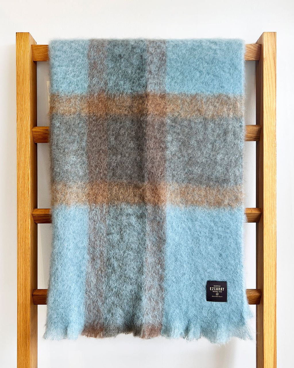 Mantas Ezcaray Coffee and Teal Checkered Mohair Blanket Throw atacama home | Heirloom Boulevard