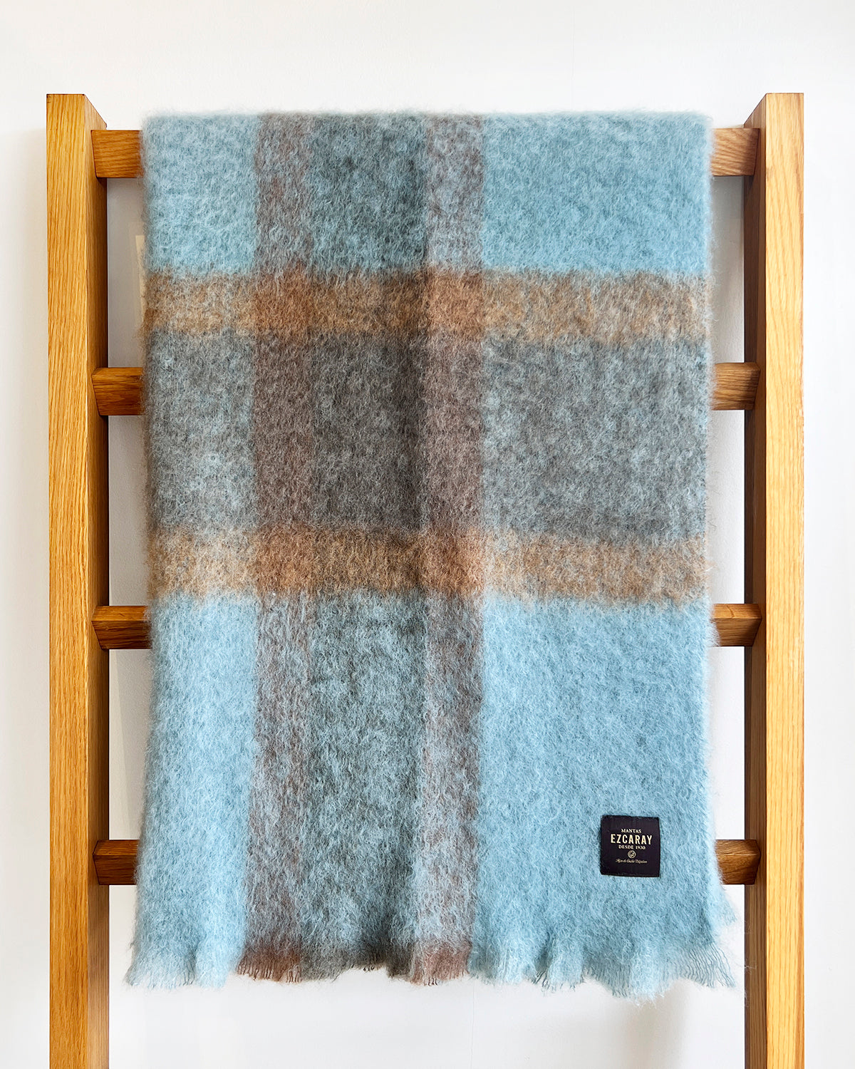 Mantas Ezcaray Coffee and Teal Checkered Mohair Blanket Throw atacama home | Heirloom Boulevard
