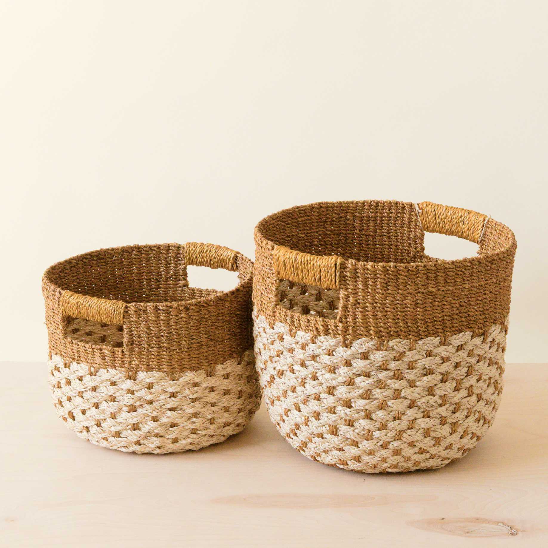 Golden Brown Round Baskets, set of 2 - Handcrafted Bins | LIKHÂ | Heirloom Boulevard