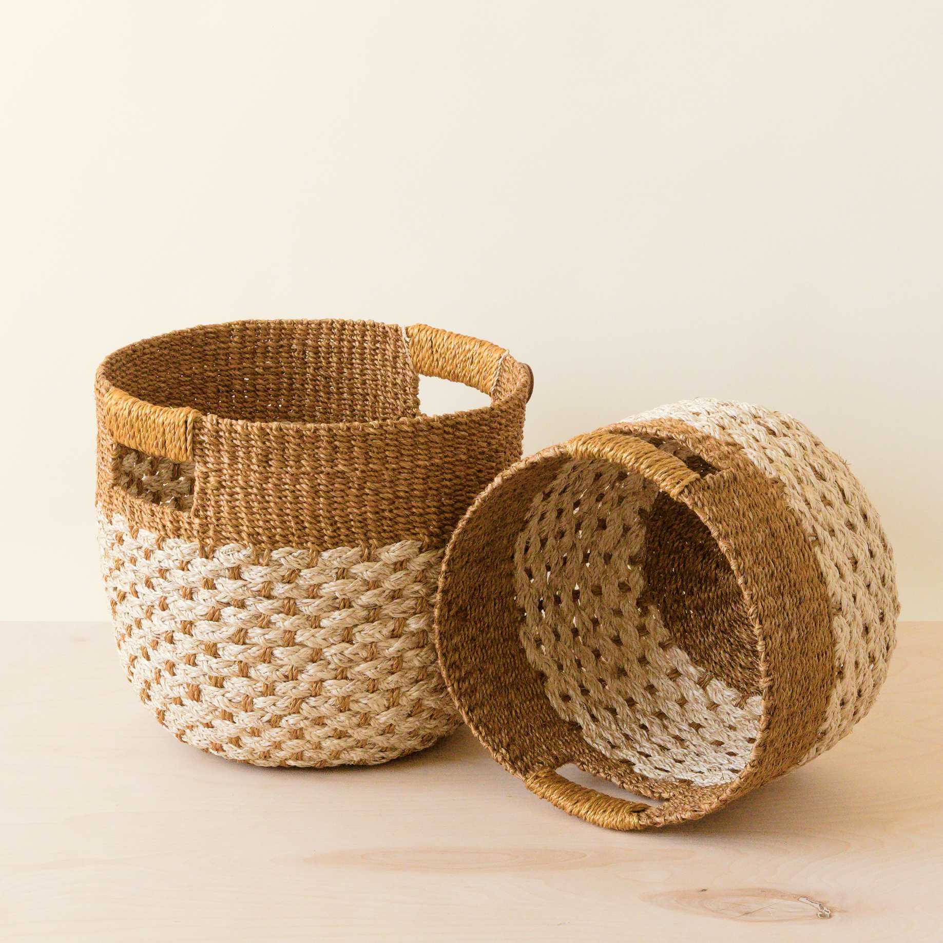 Golden Brown Round Baskets, set of 2 - Handcrafted Bins | LIKHÂ | Heirloom Boulevard