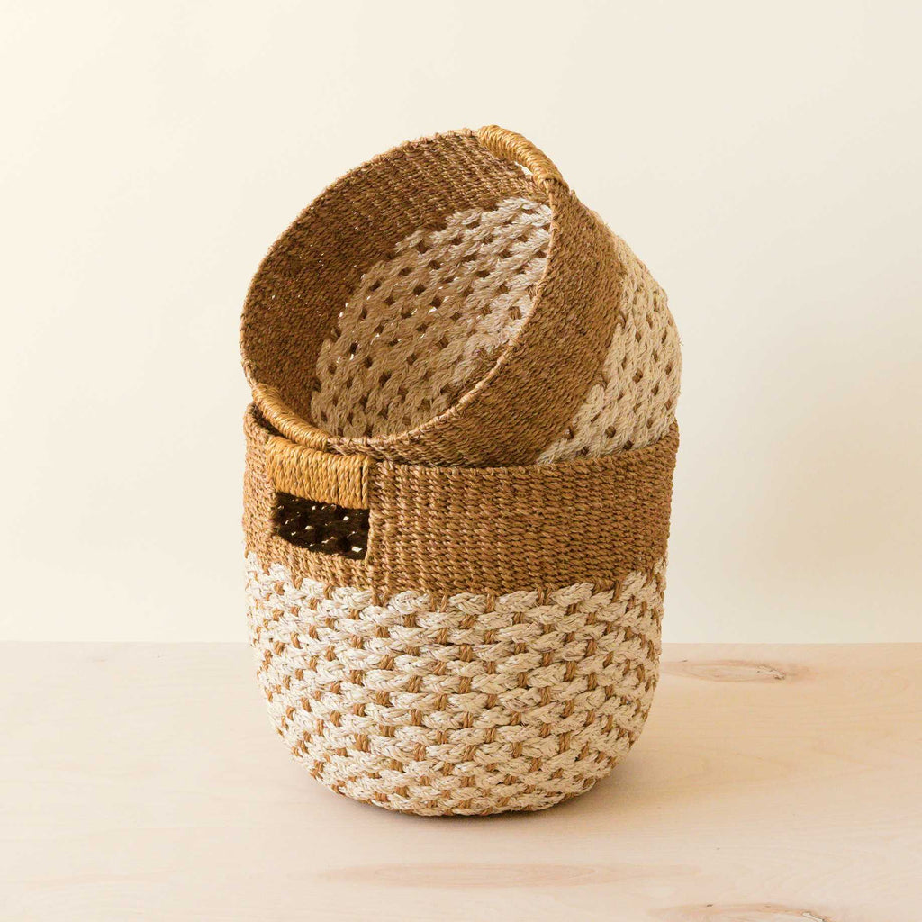 Golden Brown Round Baskets, set of 2 - Handcrafted Bins | LIKHÂ | Heirloom Boulevard