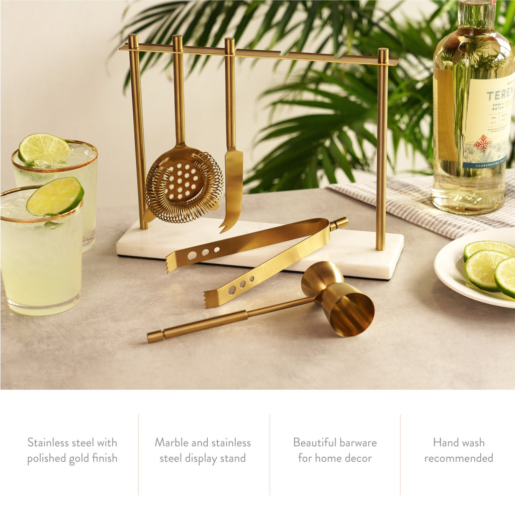 4-Piece Bar Tool Set in Gold with Marble and Stainless Steel Stand