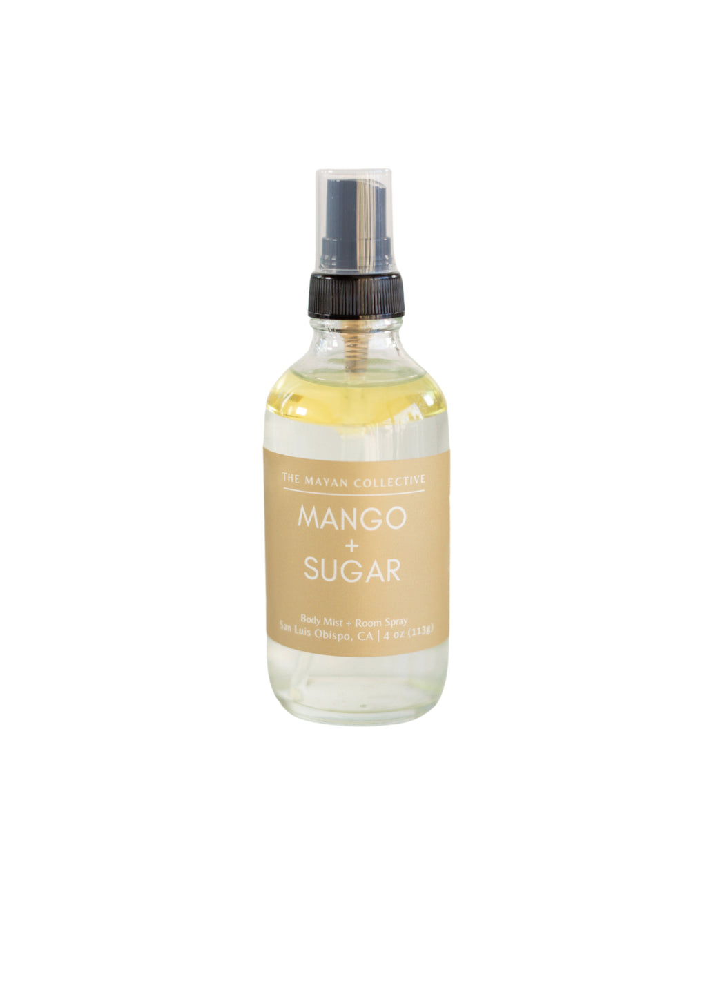 Bottle of 'Mango & Sugar' body mist on a white background