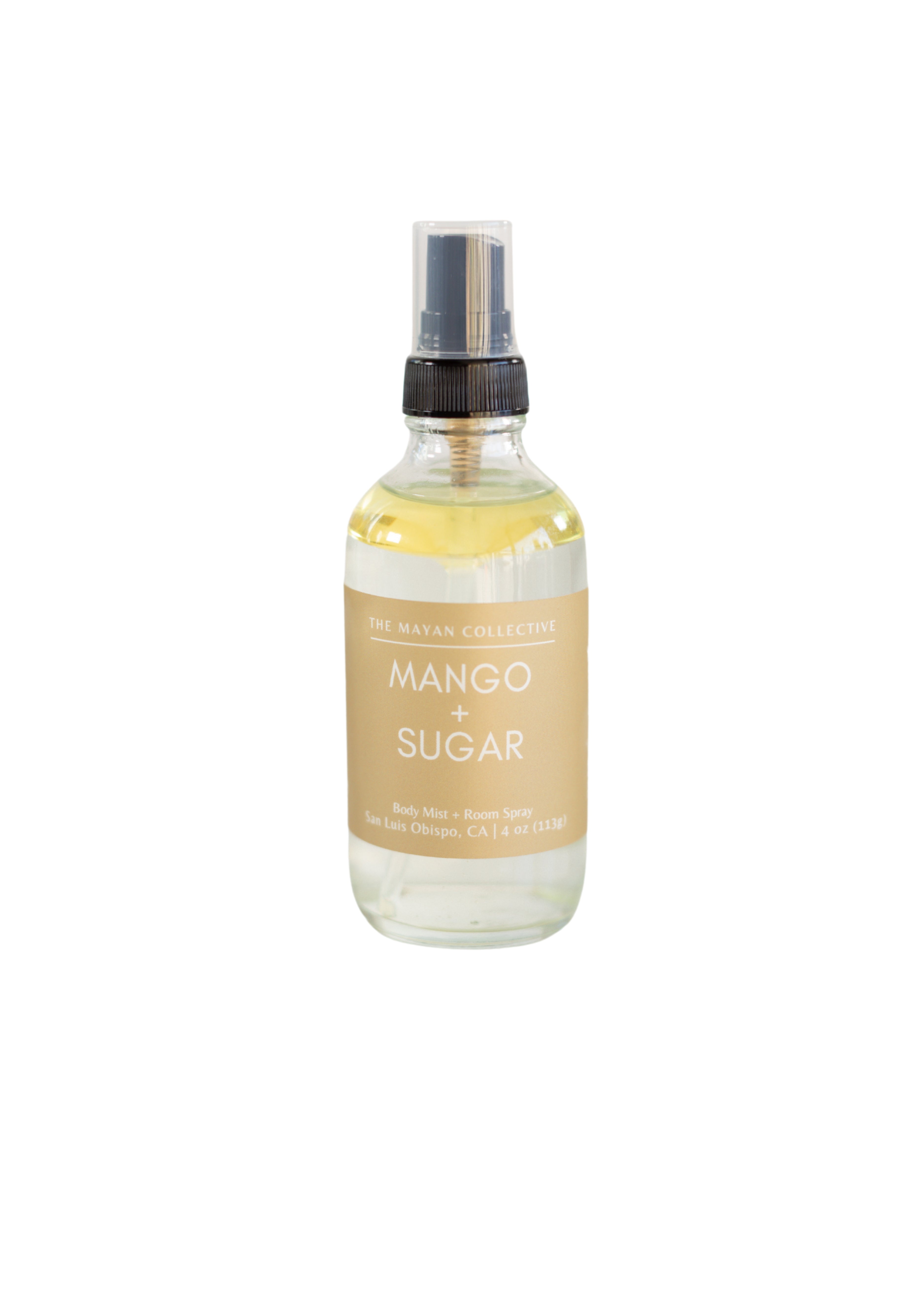 Bottle of 'Mango & Sugar' body mist on a white background