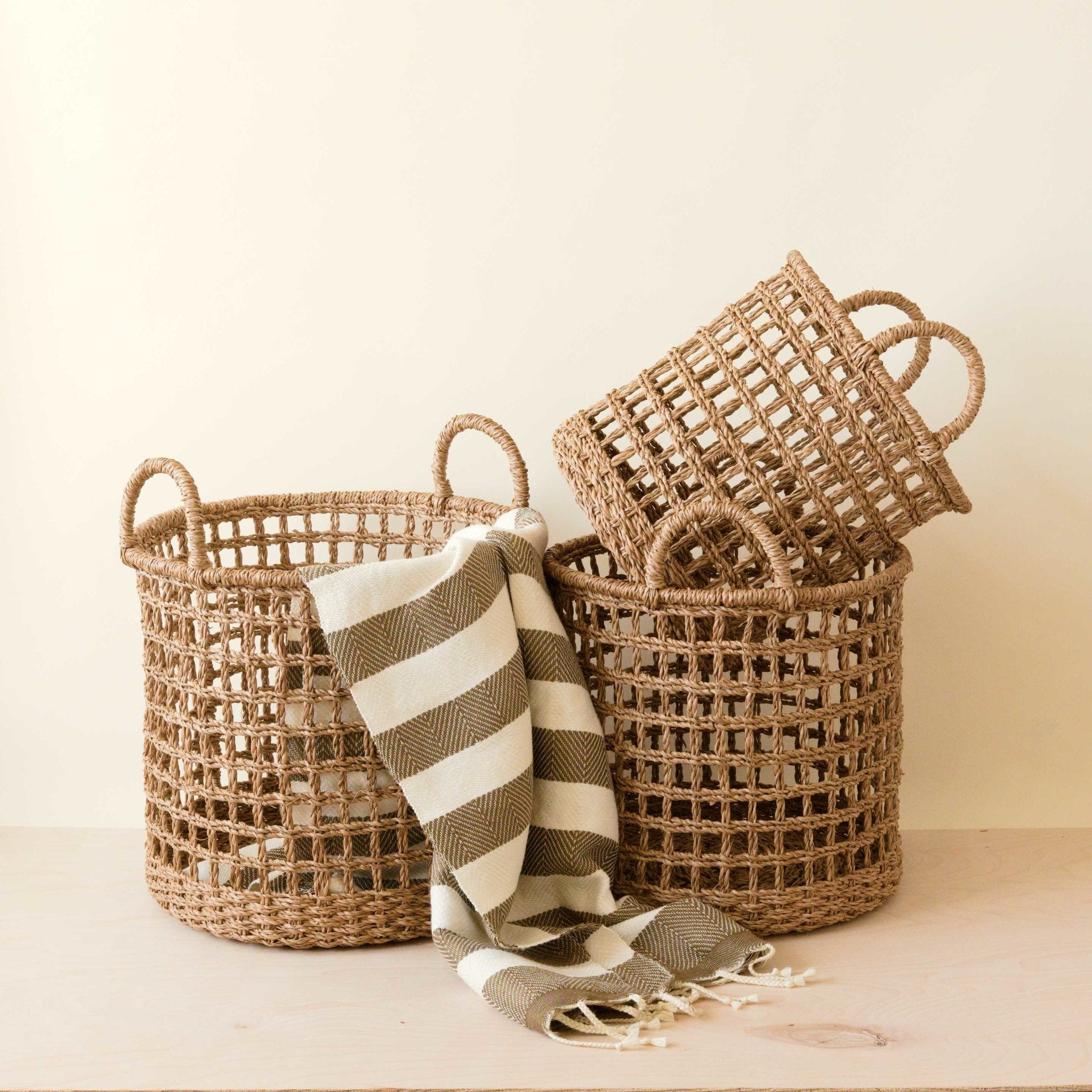 LIKHÂ Open Weave Baskets with Handle, set of 3 - Storage Baskets | LIKHÂ