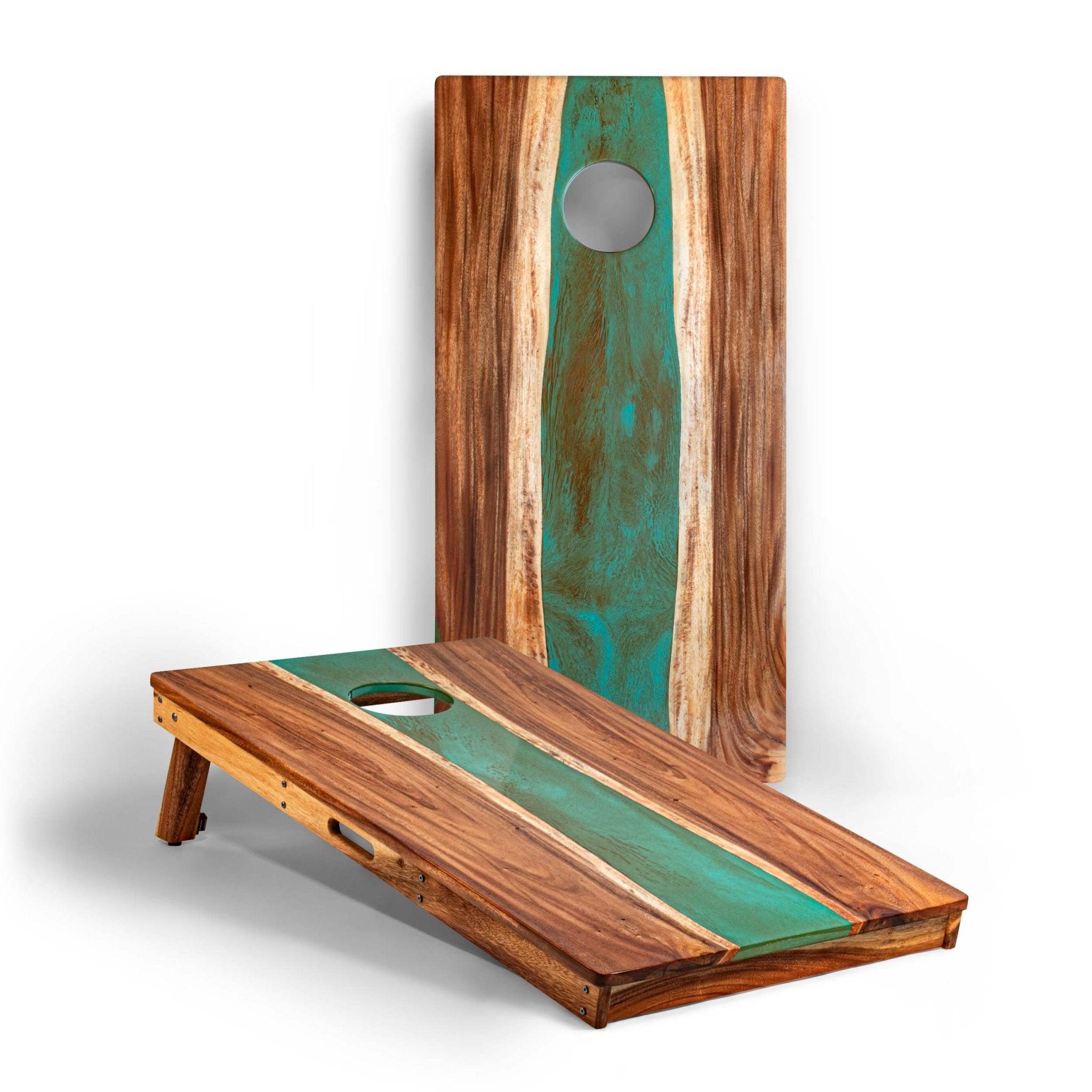 Elakai 2ft x 4ft Resin & Wood Classic Cornhole Set | Live Edge River Collection Teal and Orange | Heirloom Boulevard